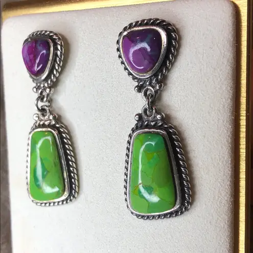BARSE Sterling Silver Purple and Green Turquoise Cabochon Drop Earrings