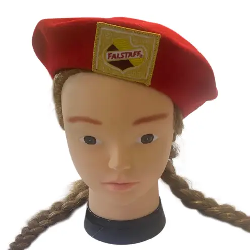 Vintage French Red Wool Beret with Iconic Falstaff Patch