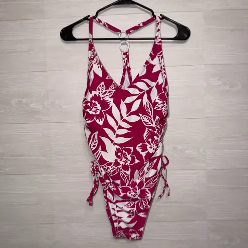 Kona Sol One Piece Swimsuit Size Medium Burgundy Floral Ring Halter