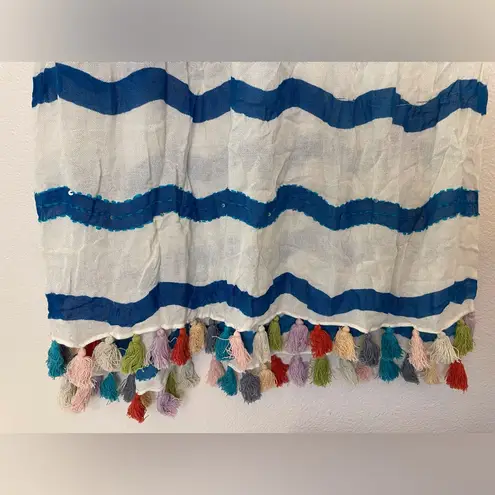 Renee’s NYC Accessories Y2K Viscose Blue and White Striped Scarf with Tassels