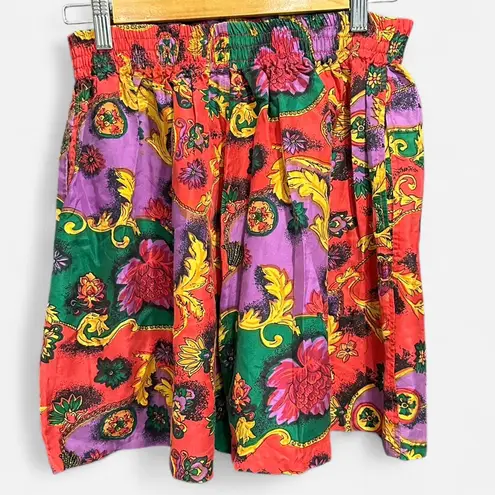 Vintage 90s 100% Silk Baroque Floral Scroll Shorts Rare Statement Piece Small Red