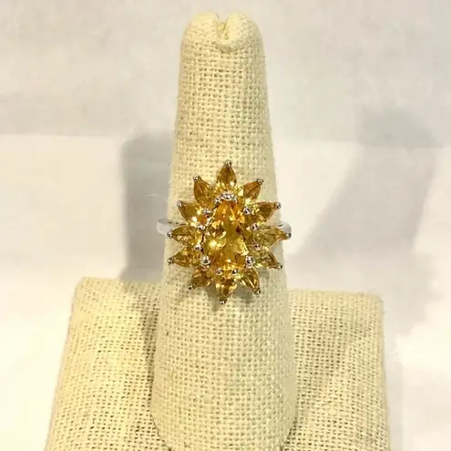 Artisan Faceted Golden Citrine Sterling Silver Flower Shaped Ring Sz 7