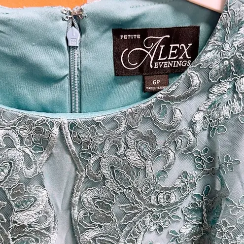 Alex Evenings mesh vintage TEAL lace sleeve Embroidered Mock Jacket Dress