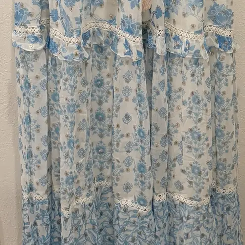 HEMANT & NANDITA Calee Floral Tiered Maxi Dress Blue and White Large