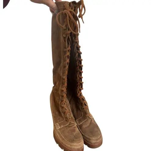 Y2K CHUNKY BROWN SUEDE LACE UP KNEE HIGH MK HEELED BOOTS US SIZE 9