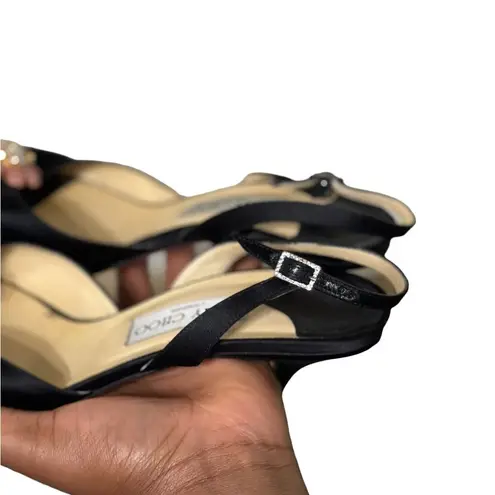 Jimmy Choo Crystal Embellished Open Toe sling Back Satin Shoes BLK EU40 …