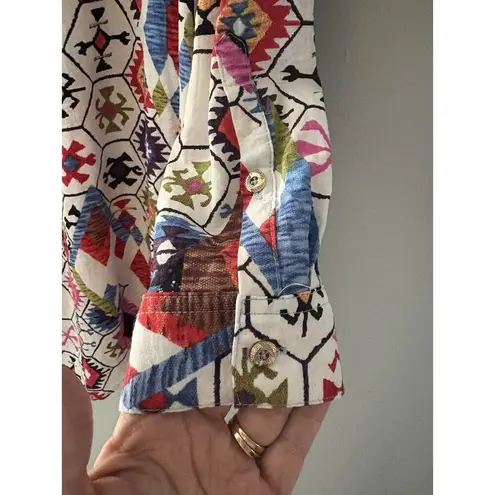 Calessa Top Size 1X Multicolor Aztec Button Front Southwestern Abstract Roll Tab Blue