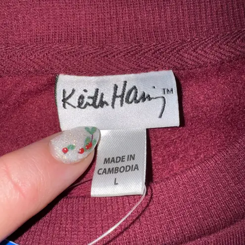 Keith Haring Dog Graphic Burgundy Crewneck Sweatshirt Pullover Women's L Red Size L