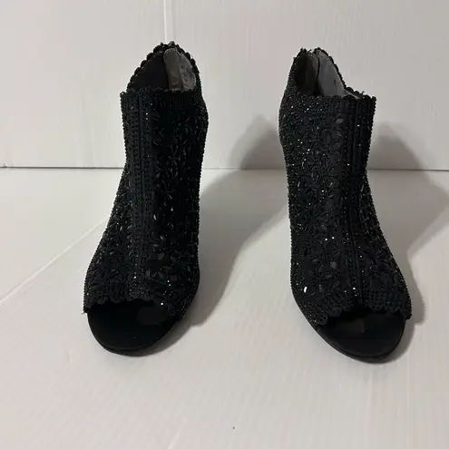 J. Rene Radita Satin Rhinestone peep top shooties heel shoe women size 9 M Black