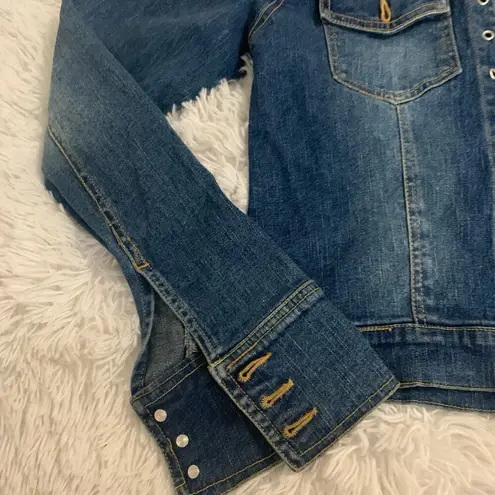 Denim Jean Jacket Eyelet Detail Ladies Sz XL Buttons Moto Blue