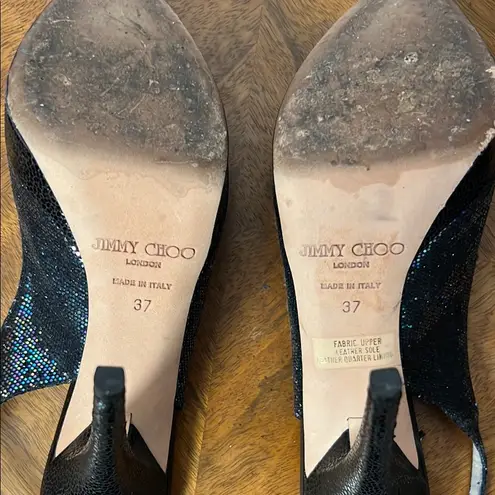 Jimmy Choo Black Glitter Peep Toe Slingback Heels Size 37/US 7