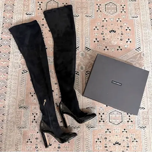 Dolce & Gabbana Round Toe Pump Insert Over The Knee Suede Sock Boots Black Sz 36