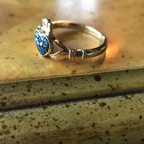 Natural Blue Diamond Sterling Silver Yellow Gold Vermeil Claddagh Ring Size 7