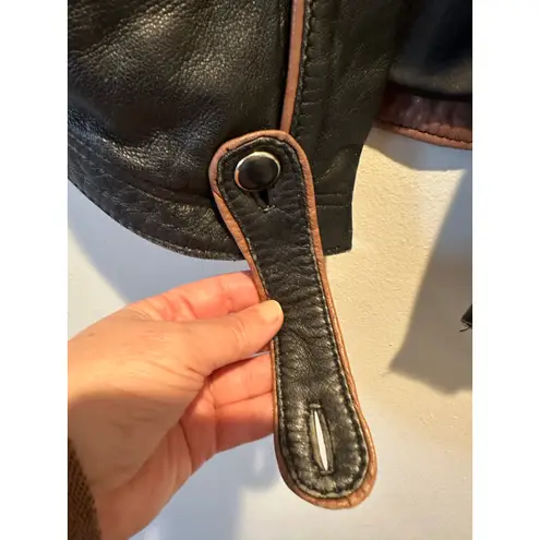 Vintage Butter Soft Black Leather Moto Jacket Brown Trim Quiet Luxury Minimalist Size L