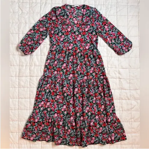 ZARA  Cottagecore Semi Sheer Pink, Red and Black Floral Midi / Maxi Dress -XS/S