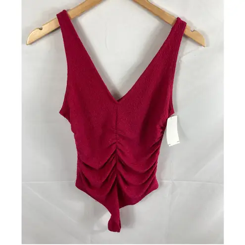 Leith NWT  Ruched V-Neck Bodysuit Red Beetroot S - Image 3