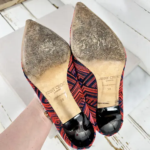 Jimmy Choo Red & Navy Geometric Pattern Woven Pointed Toe Heels