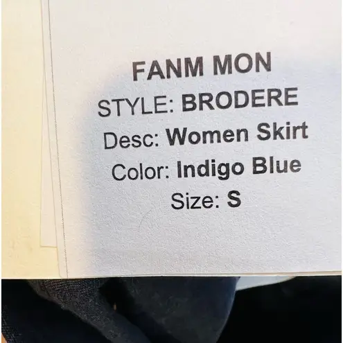 Fanm Mon Brodere Linen Mini Skirt Small Indigo Blue Floral Embroidery Pockets