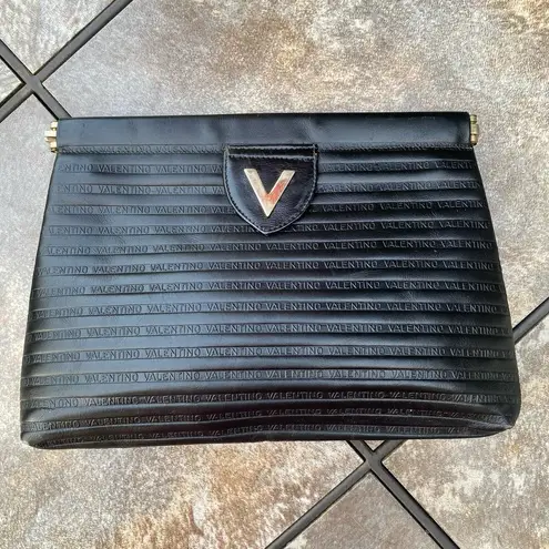 Mario Valentino Vintage Black Leather Stripe Clutch Bag