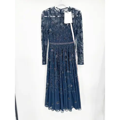 Mac Duggal 10799 Navy Beaded Illusion High Neck Long Sleeve A Line Dress 4 NWT