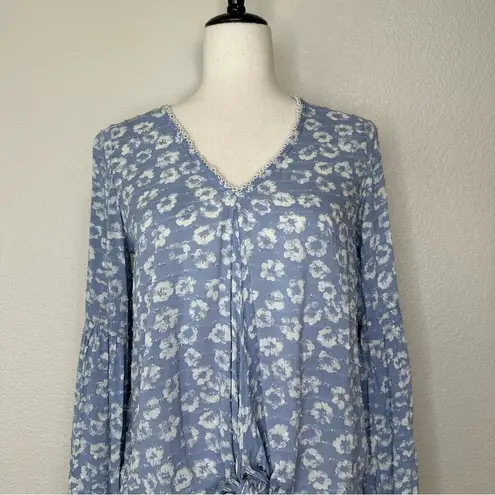 Everly  Floral Blue Front Tie Swiss Dot Flared Sleeves Top