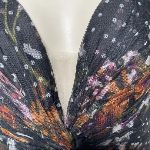 Marchesa Notte Dot Tiered Tulle Fliral Midi Dress sz 2 Black