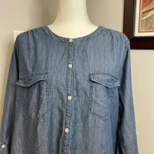 Woman Within  Chambray Blouse Top Size 1X (22/24) Button Down Up Camp Style