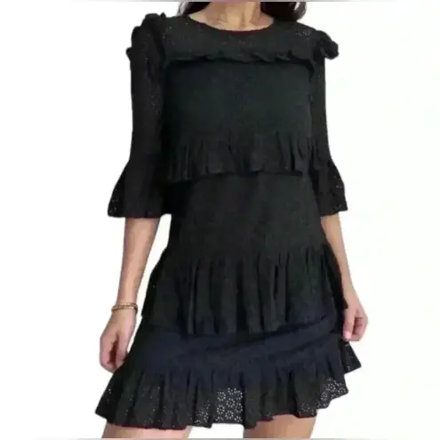 Madewell ‎ Women’s Black Eyelet Waterlily Tiered Ruffle Boho Mini Dress Size 10