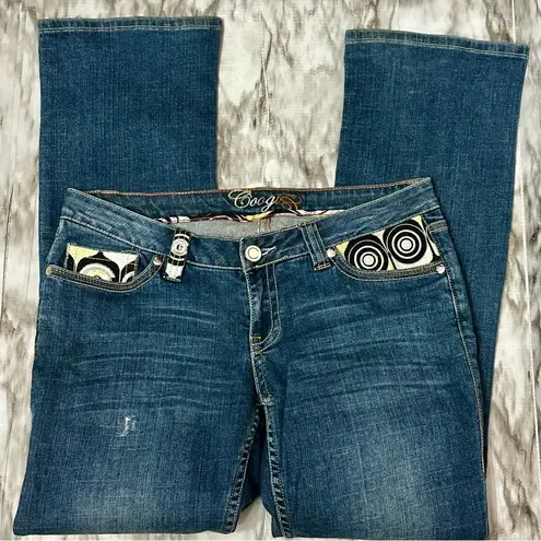 COOGI Blue Flare Medium Wash Jeans with Metallic Details Embroidered Low Rise