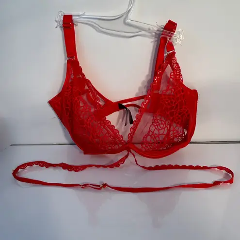 Ann Summers Red Lace Trim Balconette Bra Eyelash Trim Straps Size XL Strappy