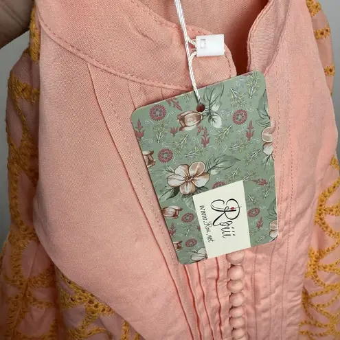 Roii Eyelet Mini Dress Medium Pink Orange Balloon Sleeve Retro Boho Eclectic Art