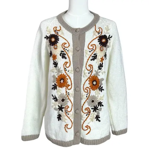 Vintage 70s Folk Art Cottage Cathy Embroidered Floral Cardigan Sweater Large White