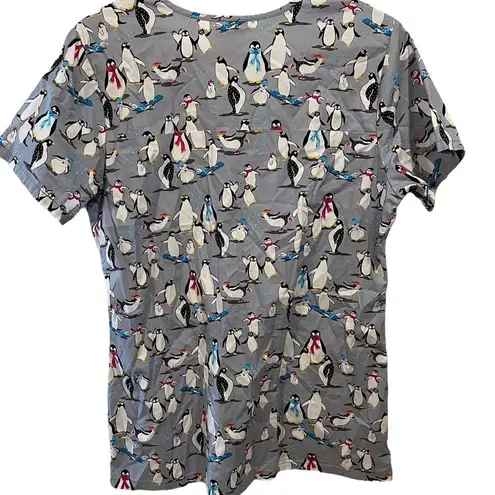 Scrub Star Gray White Black Winter Wonderland Penguin Short Sleeve Scrubs Top