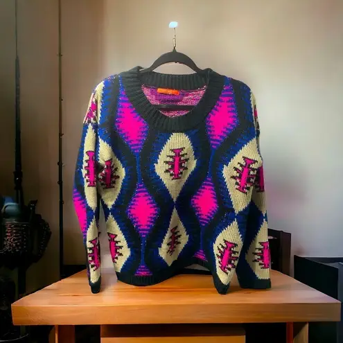 Lulumari Aztec Tribal Knit Sweater Pink Blue Cream One Size