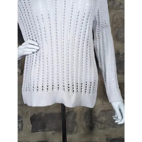 Jeanne pierre Women's Jeanne Pierre White Eyelet Open Knit Sweater Size Large Long Sleeve