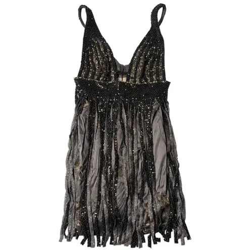 NWT Mandalay Gunmetal Embellished Fringe Cocktail Evening Dress Womens Size 12 Silver