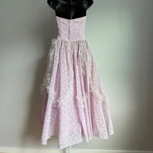 Vintage 60s Coquette Strapless Lavender Lace Floral Prom Party Dress Formal Gown Purple