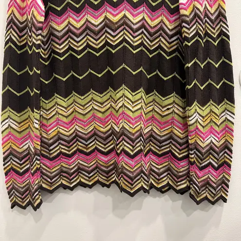 M Missoni Brown Pink Yellow Green Metallic Chevron Knit ZigZag Cardigan Size 12