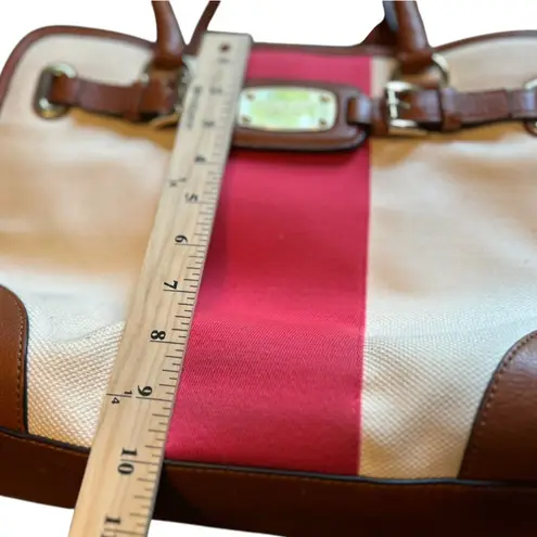 Michael Kors Michael Kors Hamilton Stripe Satchel Bag Ivory Red Brown Leather Trim