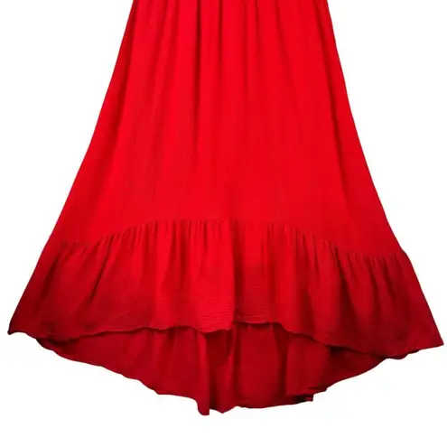 Nina Leonard Tie Strap High-Low Dress Cherry Red Size Small Crinkle Gauze Ruffle