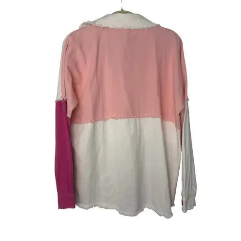 Dance & Marvel NEW Shacket Women M Pink White Colorblock Destructed Button Front