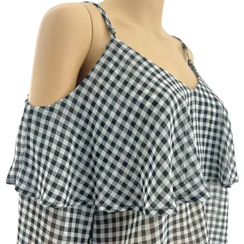Ten Sixty Sherman LARGE Black White Sheer Gingham Plaid Cold Shoulder Top
