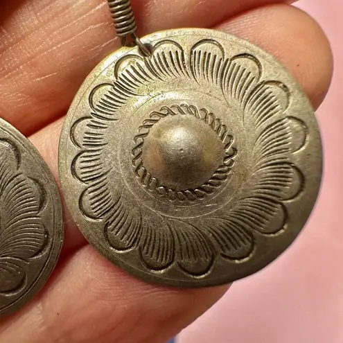 Silver tone round disc drop earrings