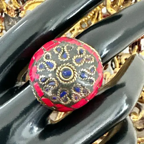 Tribal Nepalese Mosaic Ring – Coral & Lapis Inlay, Brass Setting Red