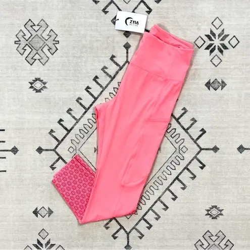 Zyia Active Neon Coral Flower Power Luxe Hi Rise 7/8 Legging Size 8-10