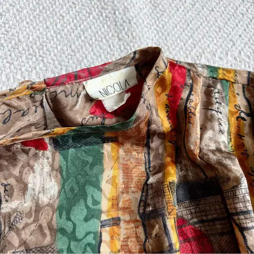 Vintage French Script 80s Satin Brocade Funky Blouse Tan Size 8