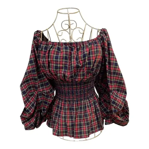 NWT Petersyn Ashley puff sleeve red plaid long sleeve top size L 100% cotton Size L