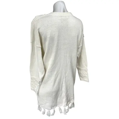 Style New York Cream Long Sleeve 3D V Neck Tassel Mini Sweater Dress Size L Size L