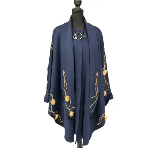 Vintage Wool Cape Zlata Navy Wool Blend Cape with Fur Detail, One Size EUC Blue