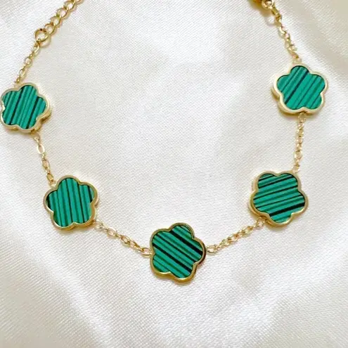 18K Gold Plated GREEN Clover Bracelet 5 Petals stainless steel Womens jewelry